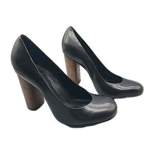 Tory Burch women pumps black leather wooden heel round toe heels shoes sz 6 new
